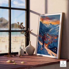 Val Thorens ski poster displayed in a bright room, showcasing the French Alps and ski slopes, perfect for enthusiasts.