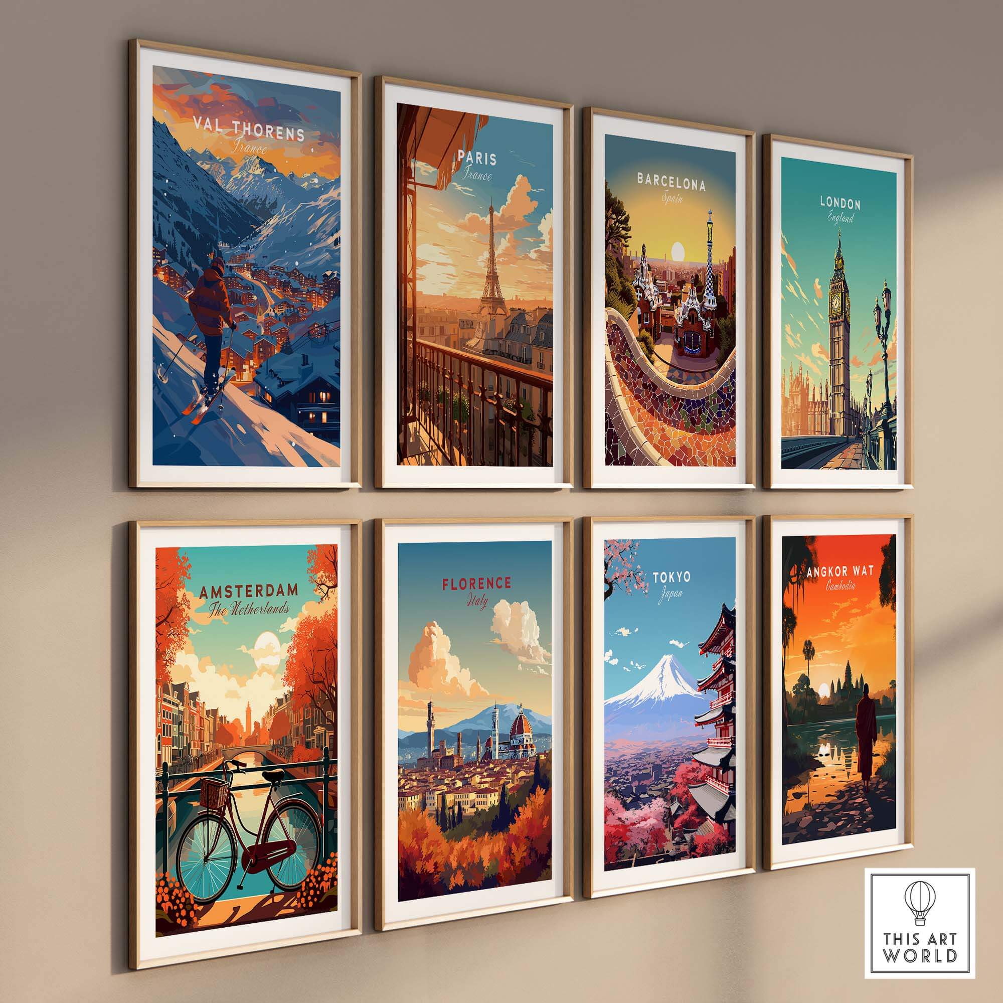 A collection of travel posters featuring Val Thorens, Paris, Barcelona, London, Amsterdam, Florence, Tokyo, and Angkor Wat.