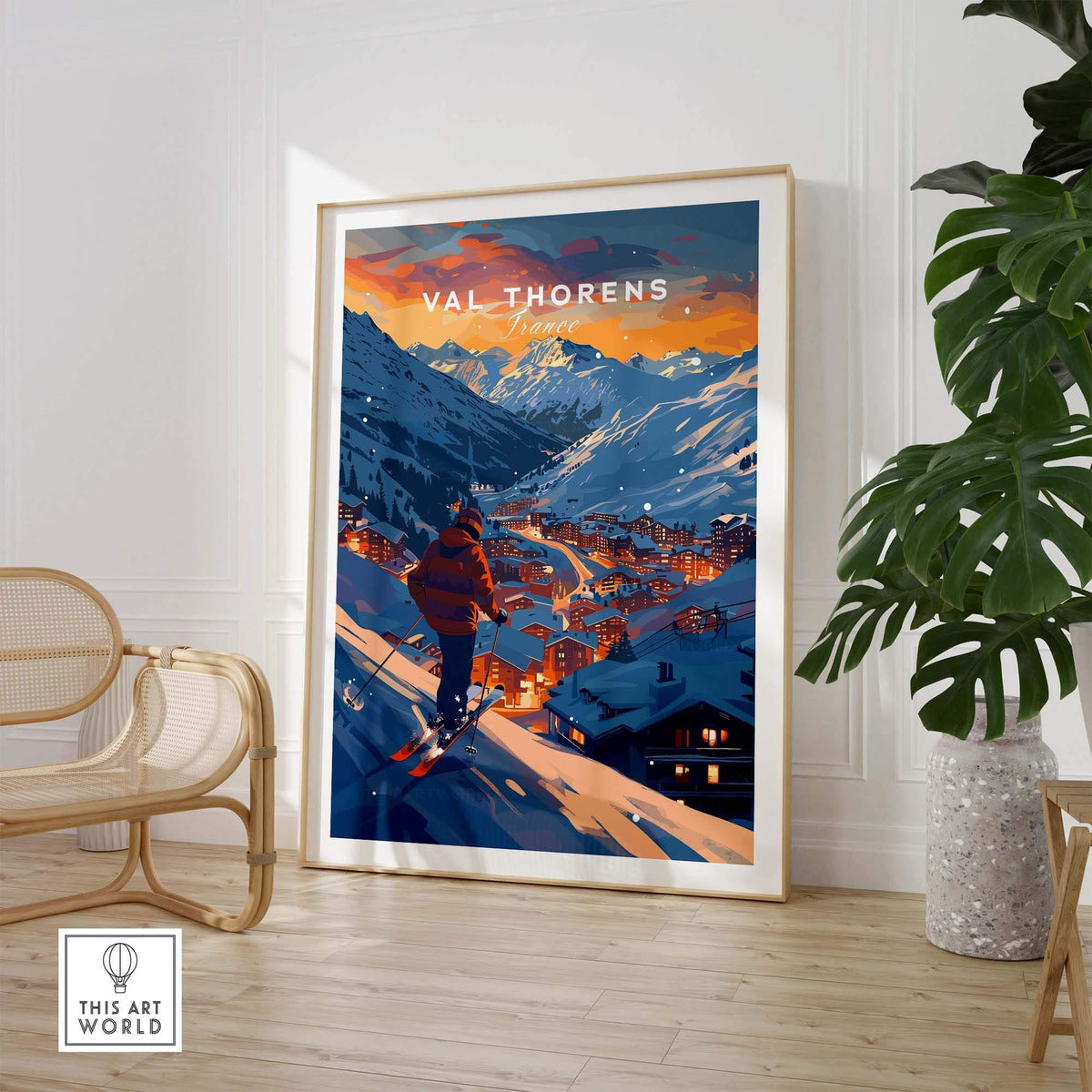 Val Thorens Ski Poster featuring a skier against a stunning sunset in the French Alps, perfect for home decor.