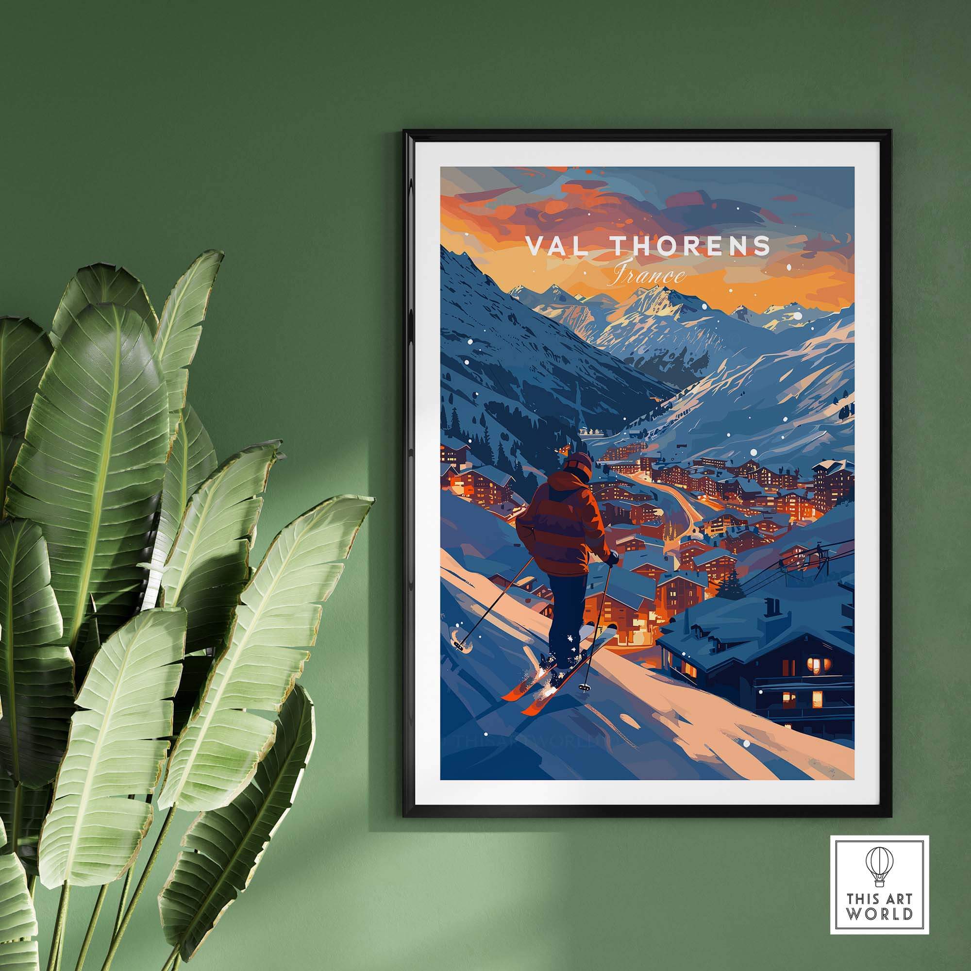 Val Thorens Ski Poster featuring a skier in the French Alps, capturing the breathtaking mountain scenery and cozy village lights.