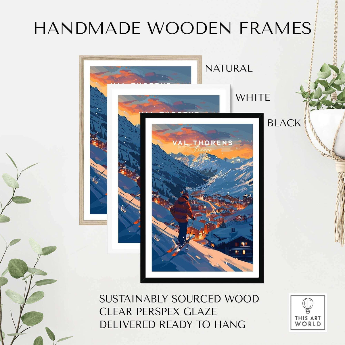 Val Thorens ski poster in handmade wooden frames, featuring natural, white, and black options, ready to hang.