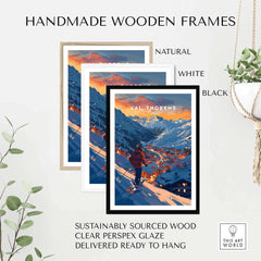 Val Thorens ski poster in handmade wooden frames, featuring natural, white, and black options, ready to hang.