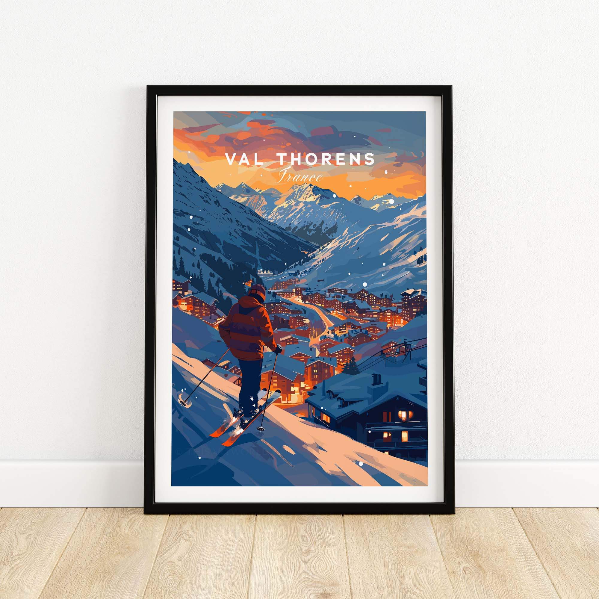 Val Thorens ski poster showcasing stunning French Alps at sunset, perfect for skiing enthusiasts and travel decor.