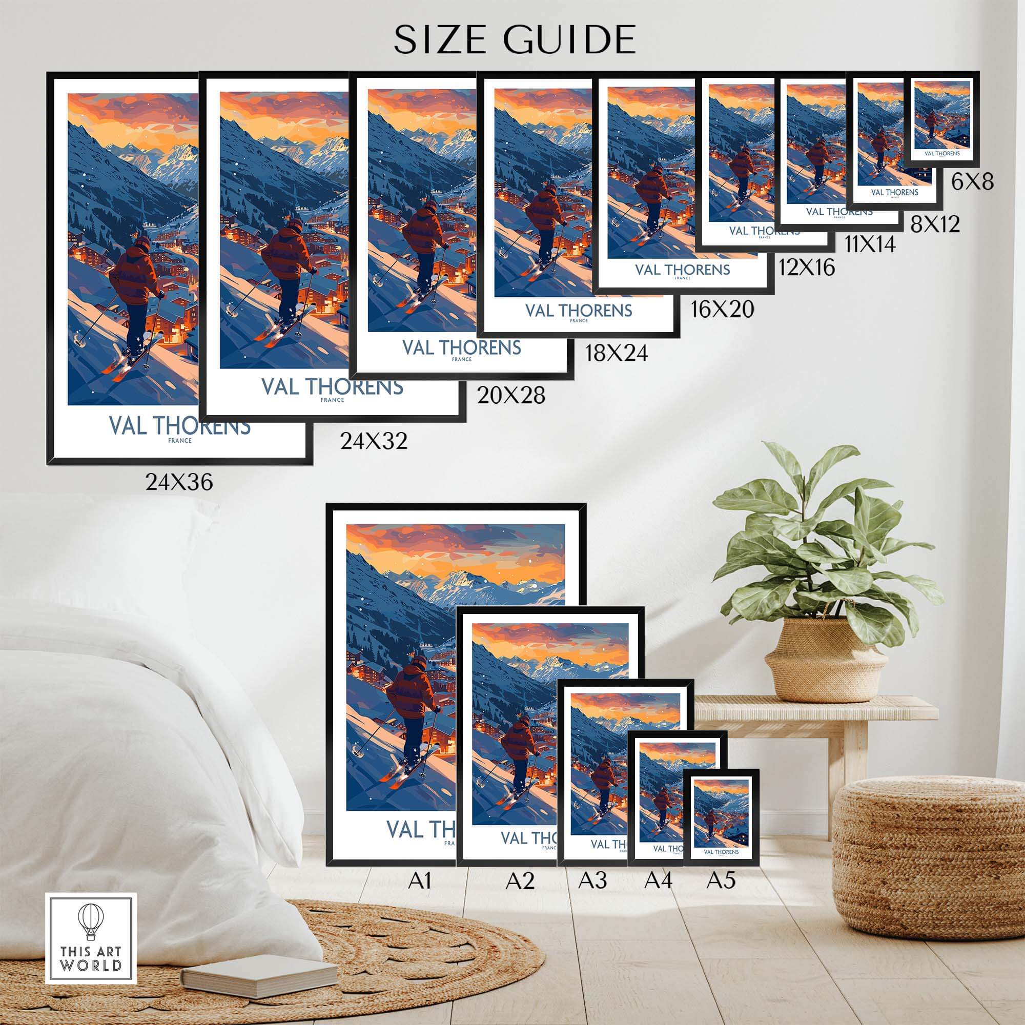 Val Thorens ski print size guide showcasing various frame sizes and design options for ski art decor.