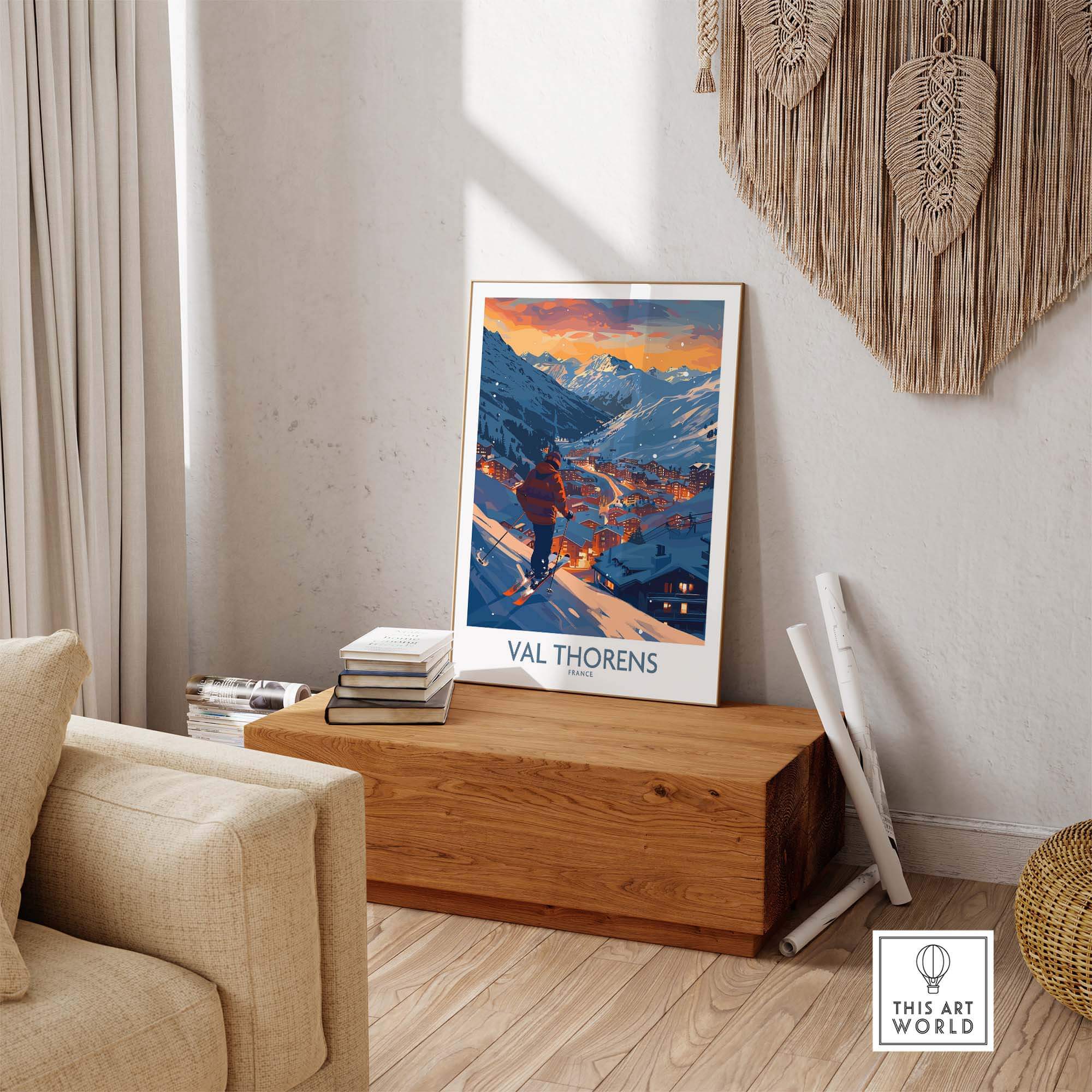 Val Thorens ski print decor in a cozy living room, showcasing snowy mountains and sunset, perfect for ski enthusiasts.