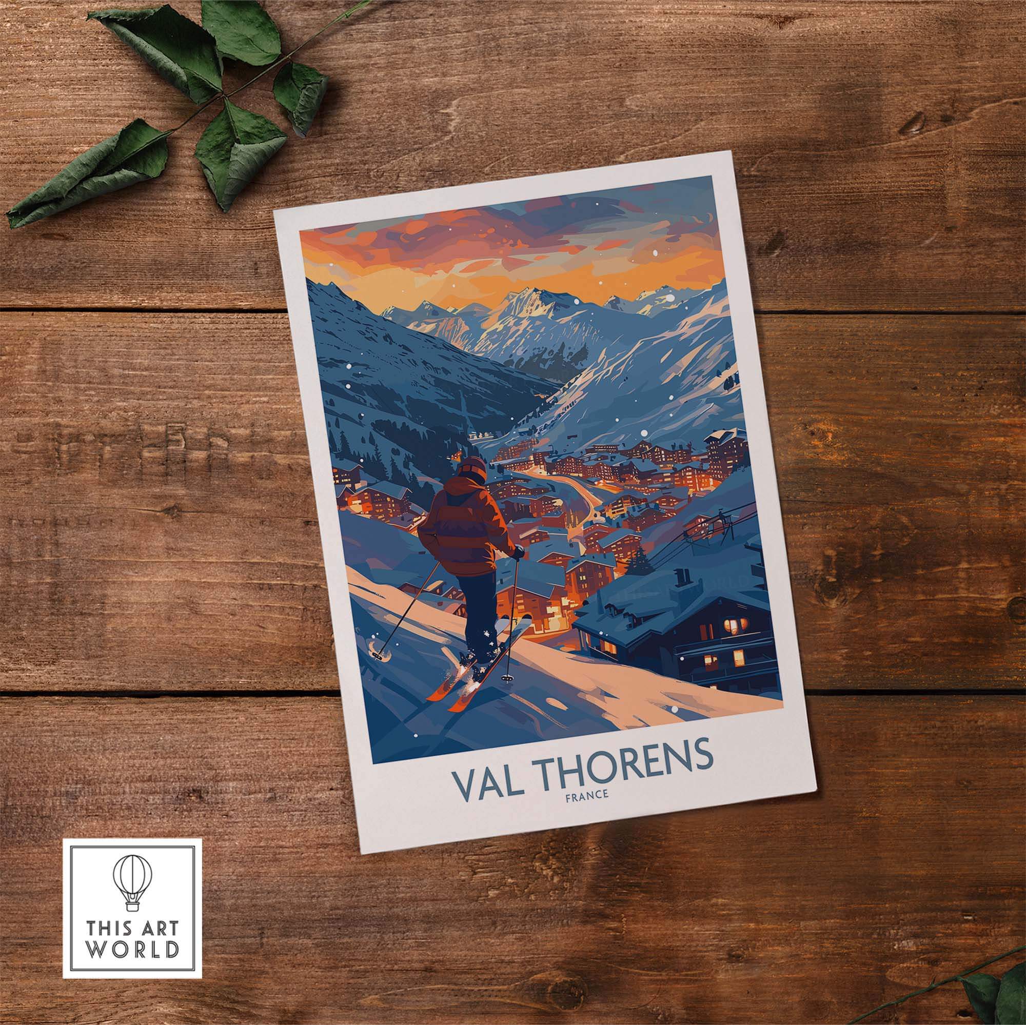 Val Thorens ski print showcasing snowy mountains and a picturesque village in France, perfect for ski lovers and home decor.