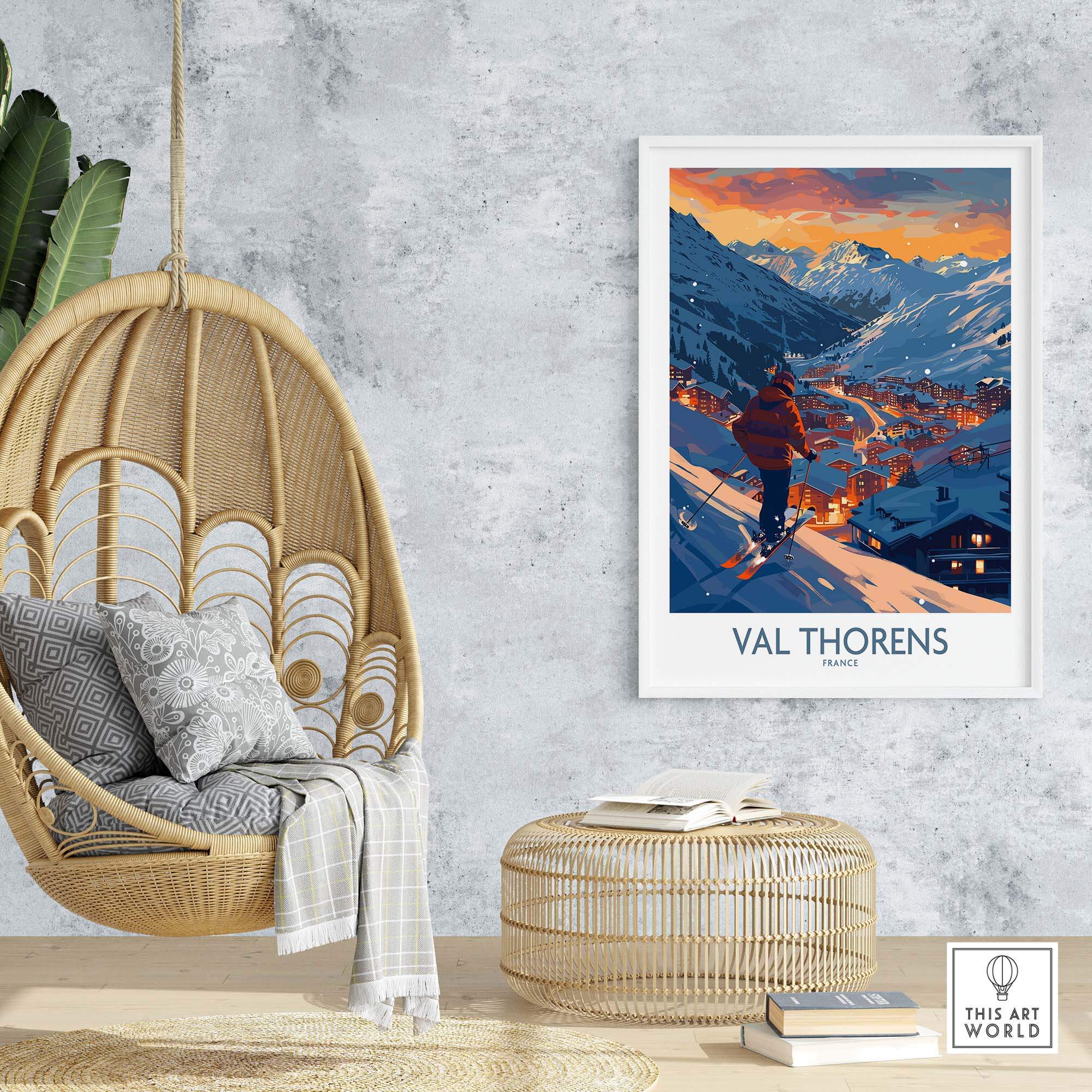 Val Thorens ski print poster showcasing a snowy mountain landscape, perfect for ski lovers and home decor enthusiasts.