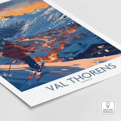 Val Thorens ski print showcasing snowy slopes and a vibrant sunset, ideal for ski lovers and travel enthusiasts.