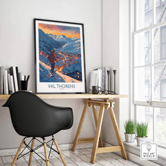 Val Thorens ski print framed on a wall in a stylish office, showcasing the beauty of the snowy slopes in France.