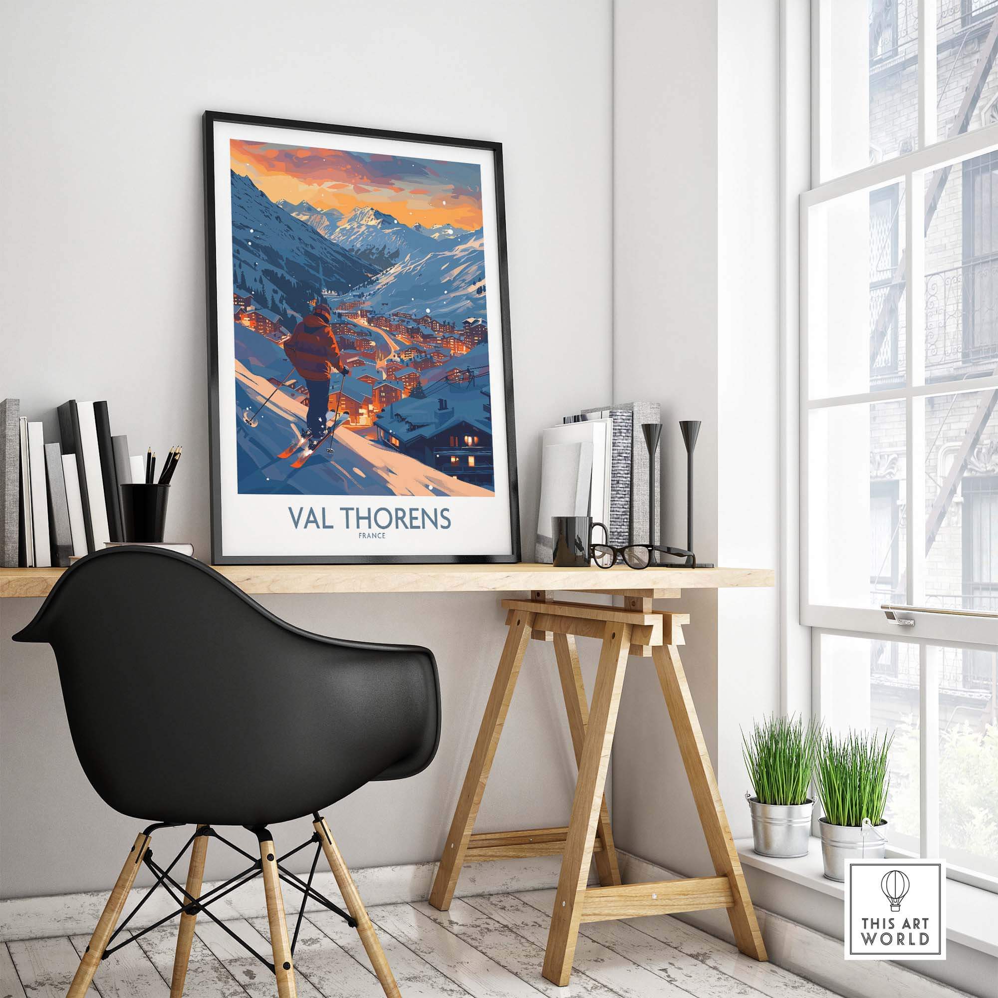 Val Thorens ski print framed on a wall in a stylish office, showcasing the beauty of the snowy slopes in France.
