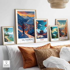 Val Thorens ski print displayed among travel art posters in a stylish home interior setting. Perfect for ski lovers.