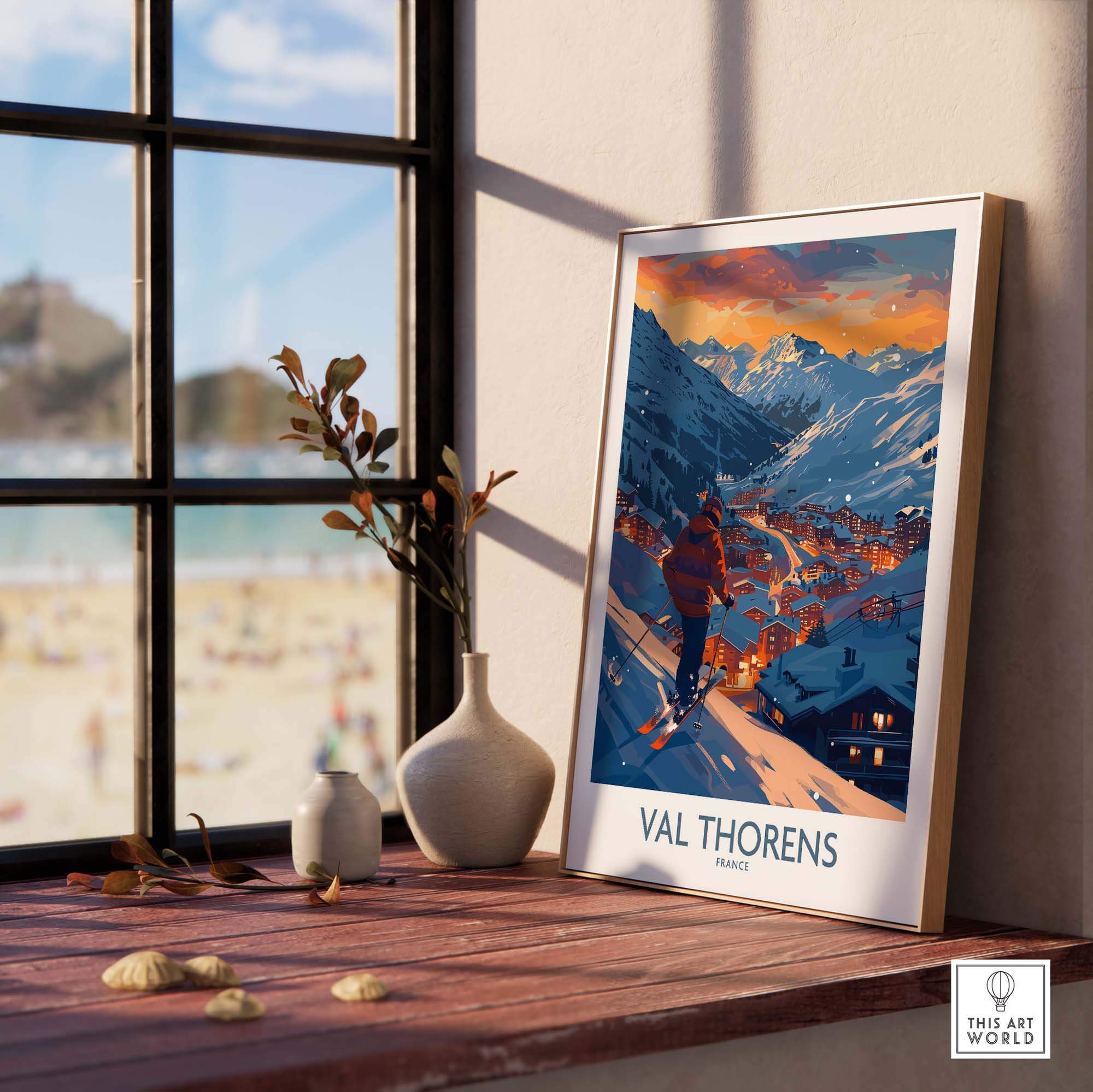 Val Thorens ski print showcased in a sunlit interior, capturing the snowy mountains and charming village of France.