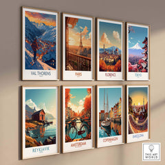 Collection of travel prints featuring Val Thorens, Paris, Florence, Tokyo, Reykjavik, Amsterdam, Copenhagen, and Barcelona.