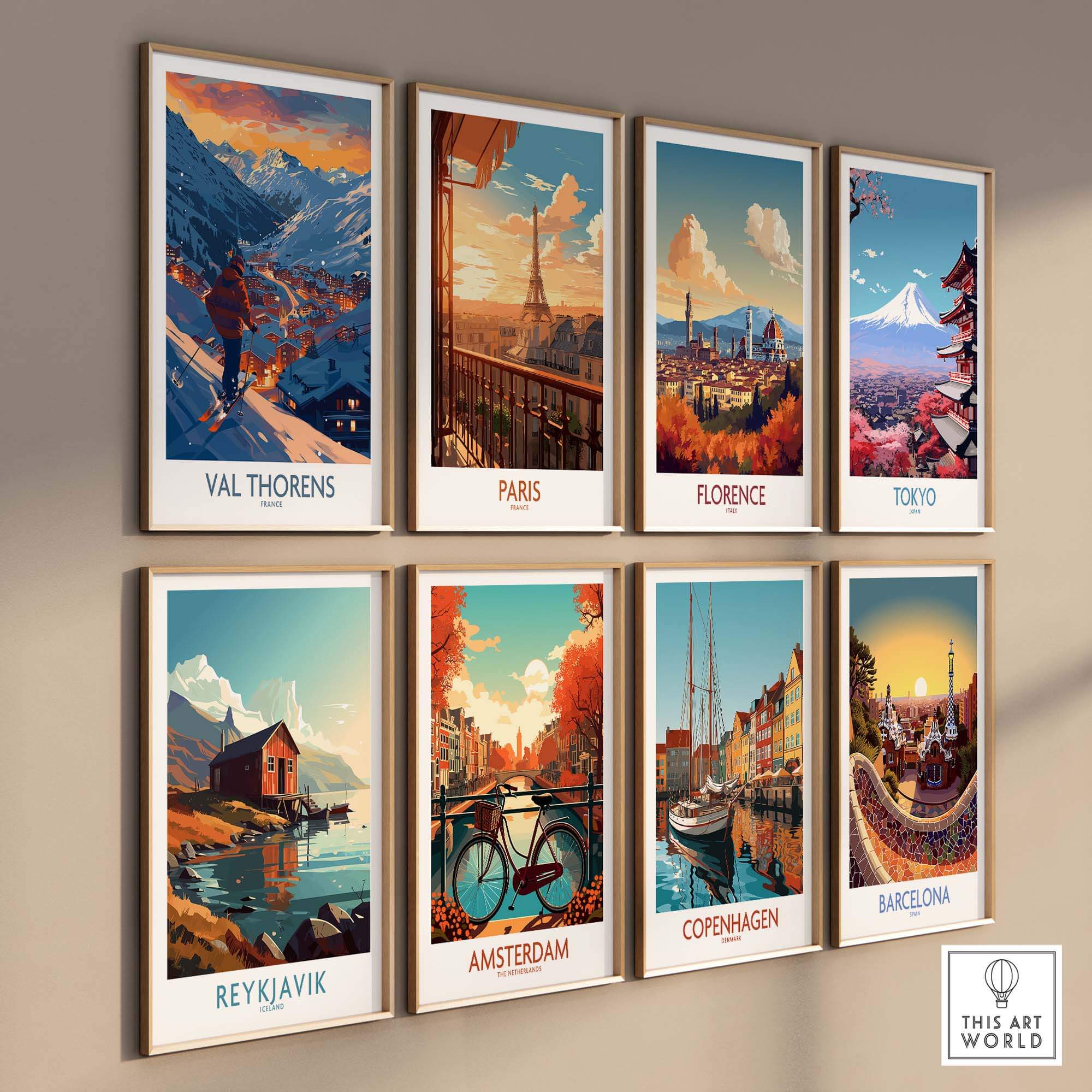 Collection of travel prints featuring Val Thorens, Paris, Florence, Tokyo, Reykjavik, Amsterdam, Copenhagen, and Barcelona.