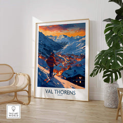 Val Thorens ski print showcasing a colorful mountain landscape and illuminated village, perfect for ski lovers and decor enthusiasts.