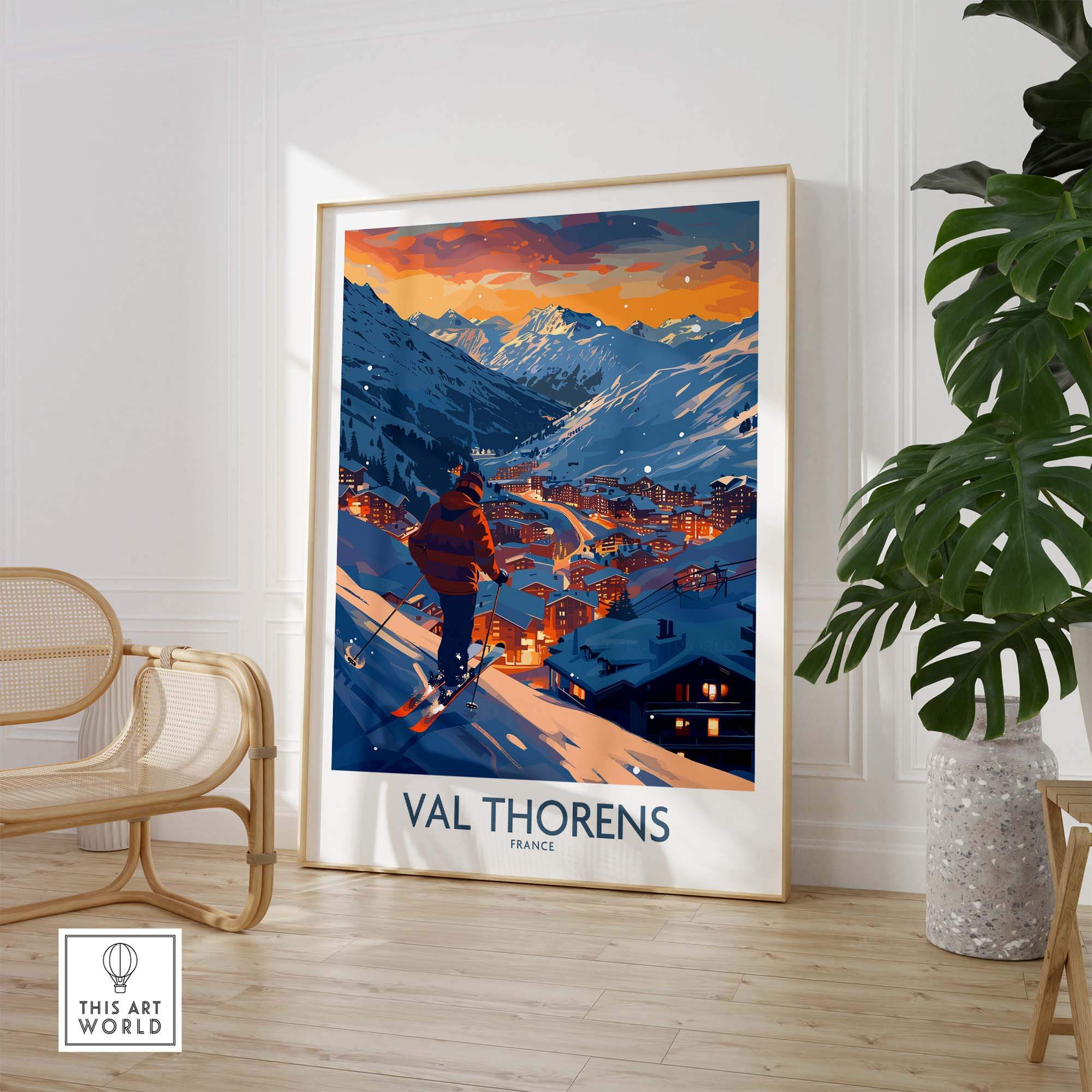 Val Thorens ski print showcasing a colorful mountain landscape and illuminated village, perfect for ski lovers and decor enthusiasts.