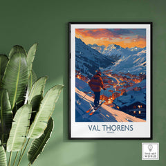 Val Thorens ski print showcasing the snowy mountains and a skier, perfect for home decor and ski enthusiasts.