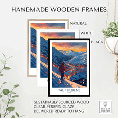 Handmade wooden frames in natural, white, and black for Val Thorens ski print, featuring sustainably sourced wood and clear glaze.