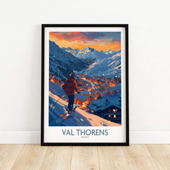 Val Thorens ski print showcasing a skier at sunset in the French Alps, perfect for home or office decor.