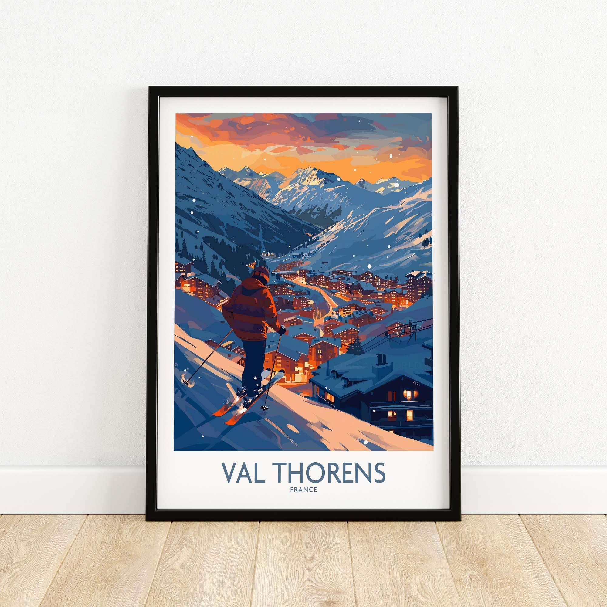 Val Thorens ski print showcasing a skier at sunset in the French Alps, perfect for home or office decor.