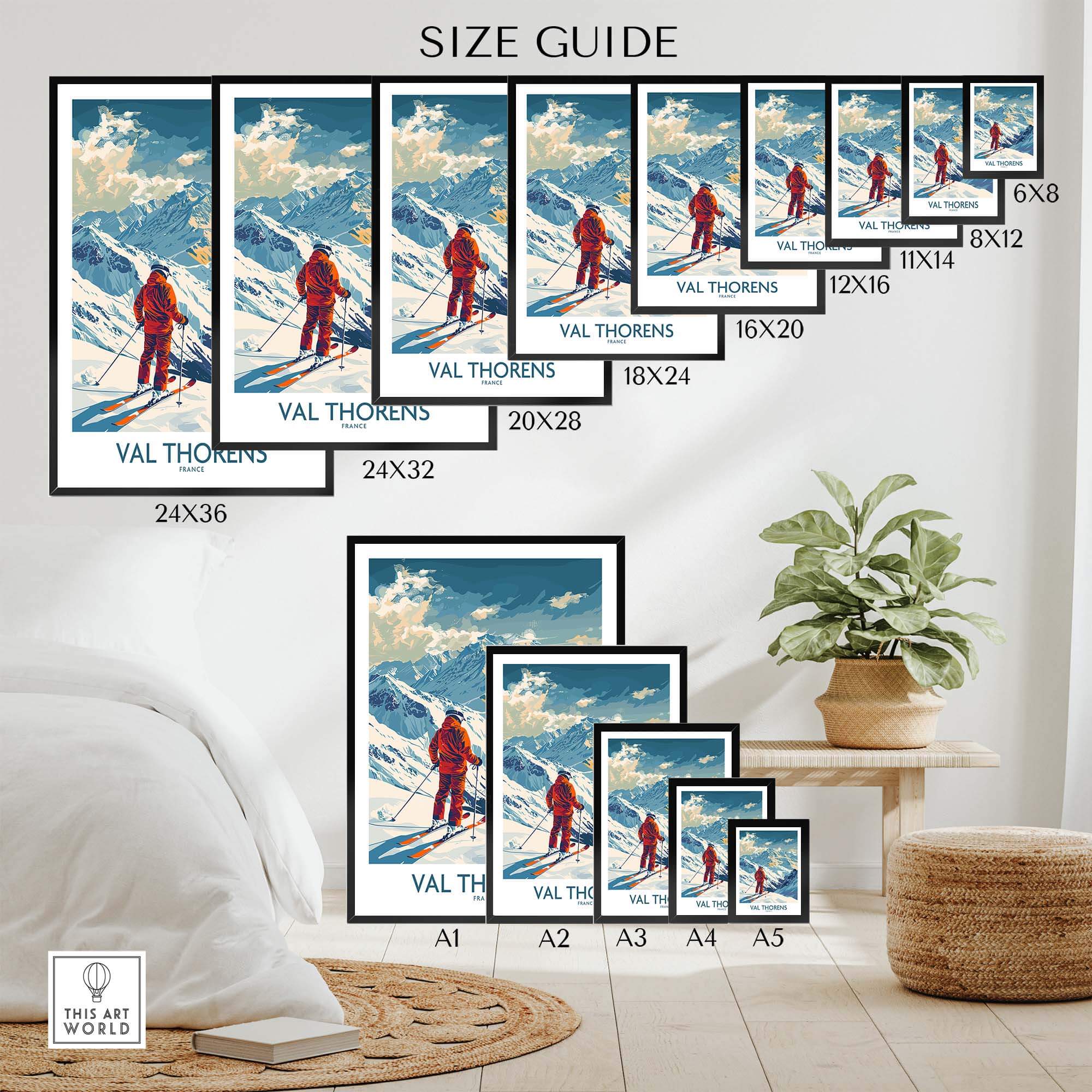 Size guide displaying various dimensions for Val Thorens Skiing Poster in a stylish home setting.