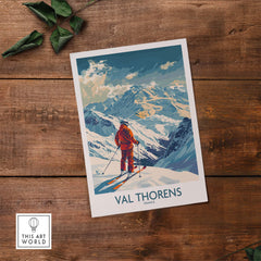 Val Thorens skiing poster featuring a skier amidst stunning mountain scenery, capturing the thrill of winter sports in France.
