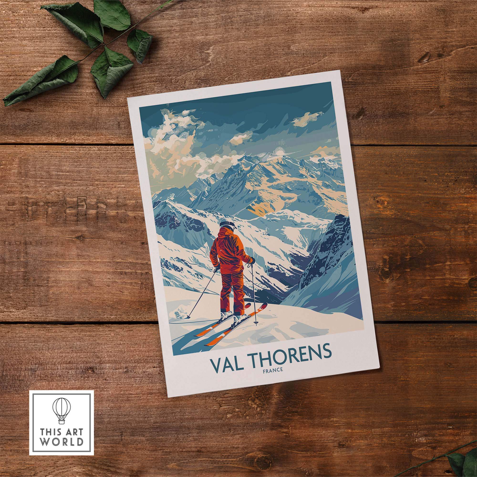 Val Thorens skiing poster featuring a skier amidst stunning mountain scenery, capturing the thrill of winter sports in France.