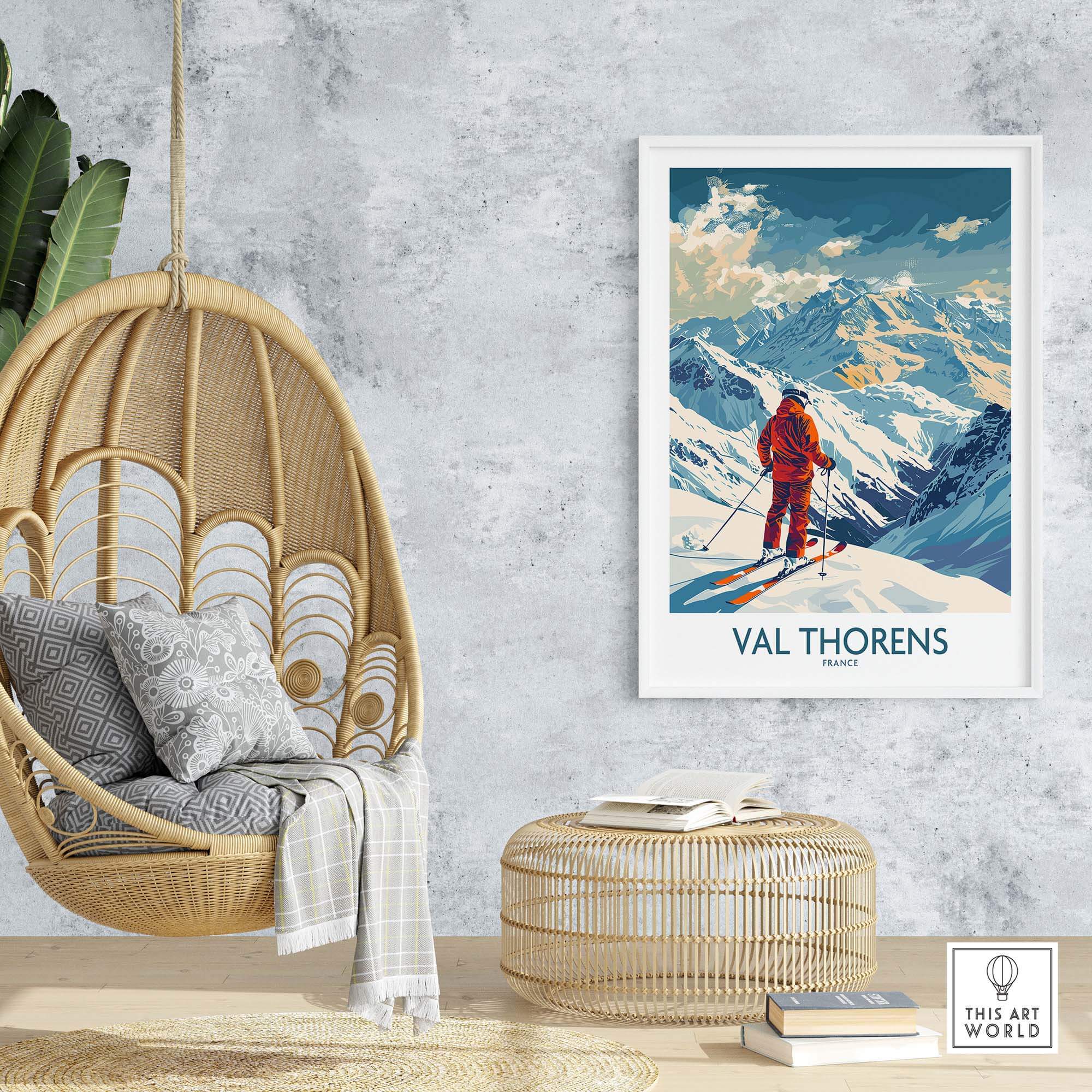 Val Thorens skiing poster displayed in a stylish living area, featuring a skier against a stunning mountain backdrop.