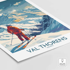 Val Thorens skiing poster showcasing a skier on snow-covered slopes with stunning mountain scenery in France.