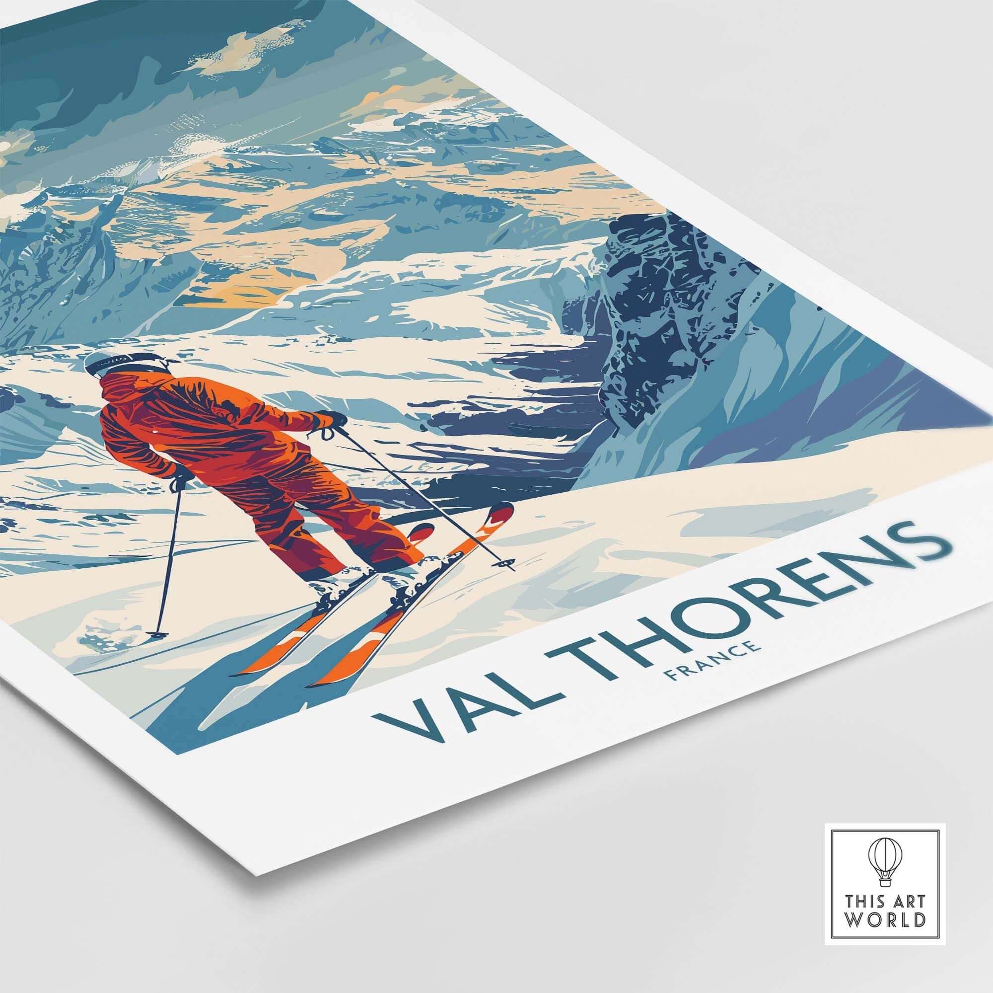 Val Thorens skiing poster showcasing a skier on snow-covered slopes with stunning mountain scenery in France.