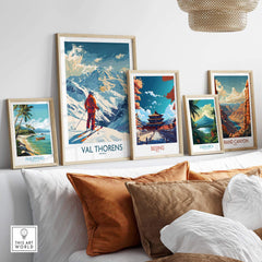 Val Thorens Skiing Poster among framed travel prints, showcasing stunning landscapes and adventure destinations.