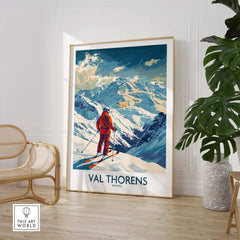Val Thorens skiing poster featuring a skier on stunning snow-capped mountains, perfect for ski enthusiasts and France travel fans.