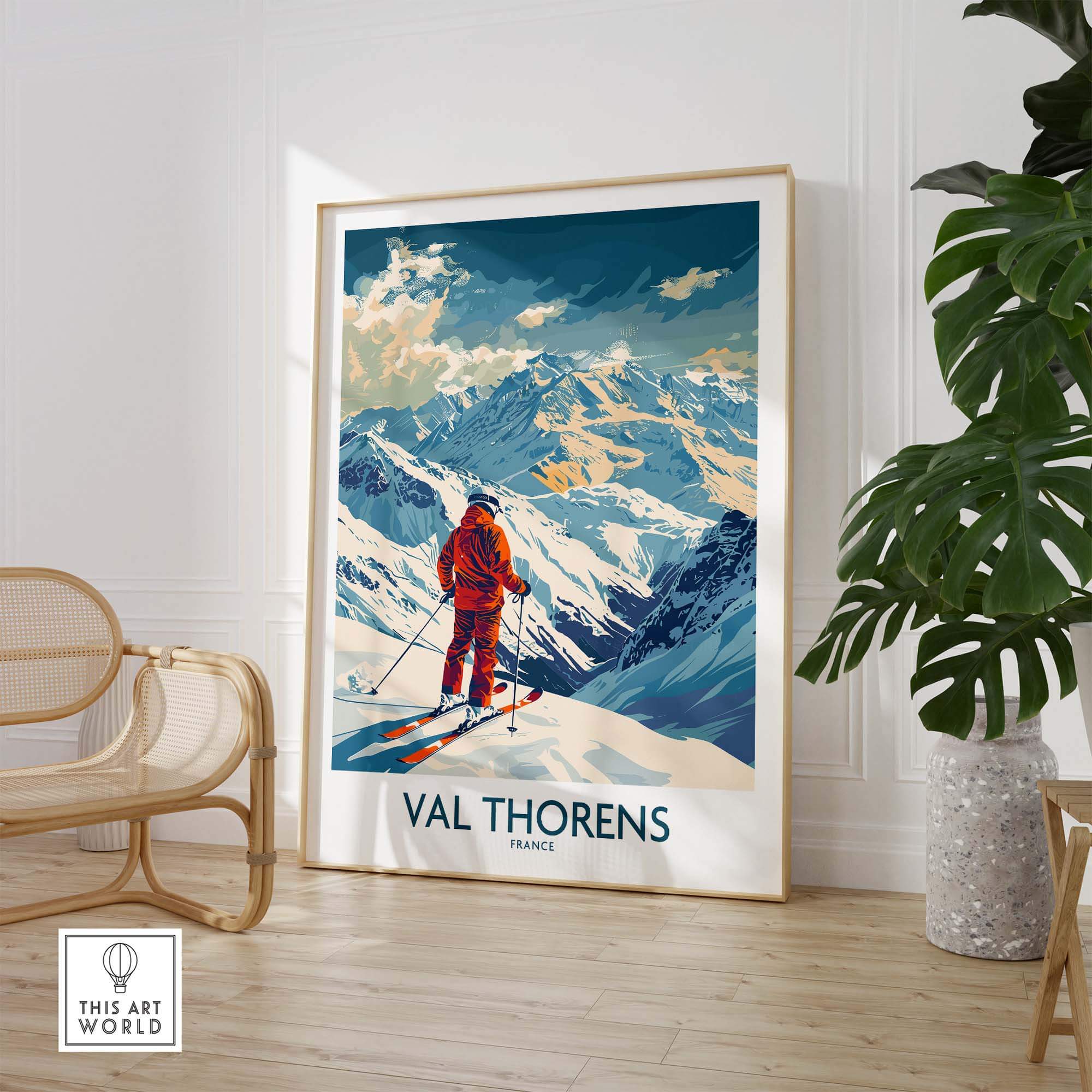 Val Thorens skiing poster featuring a skier on stunning snow-capped mountains, perfect for ski enthusiasts and France travel fans.