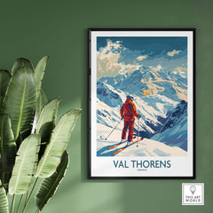 Val Thorens skiing poster showcasing a skier on the slopes with mountains in the background, framed decor for ski enthusiasts.