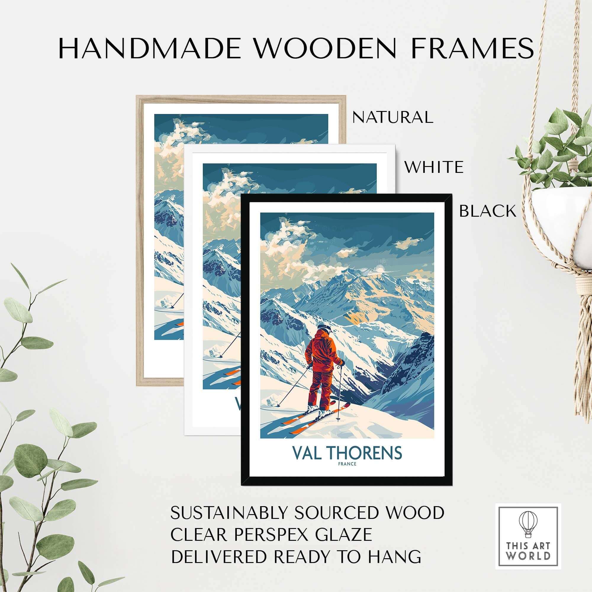 Val Thorens Skiing Poster displayed in handmade wooden frames in natural, white, and black colors, ready to hang.