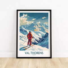 Val Thorens skiing poster featuring a skier overlooking stunning snow-covered mountains in France.