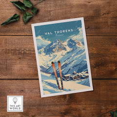 Val Thorens travel poster featuring snowy mountains and skis, perfect for ski enthusiasts and decor lovers.