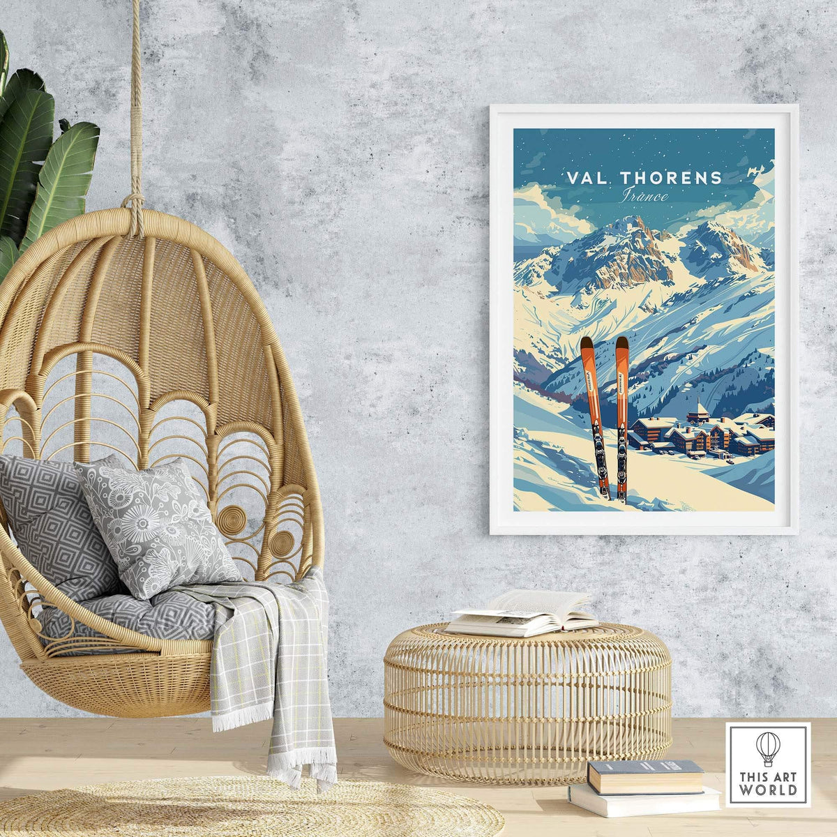 Val Thorens travel poster featuring stunning snowy slopes and ski gear, perfect for ski enthusiasts and travelers.