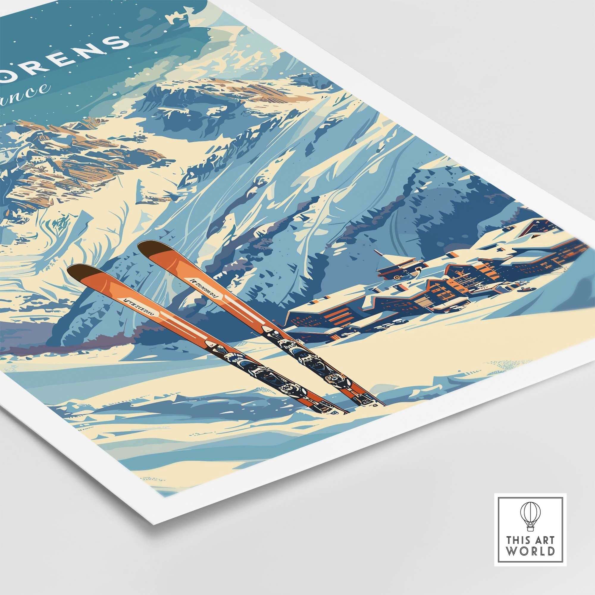 Val Thorens travel poster featuring snowy slopes, ski equipment, and mountain views, perfect for ski enthusiasts.