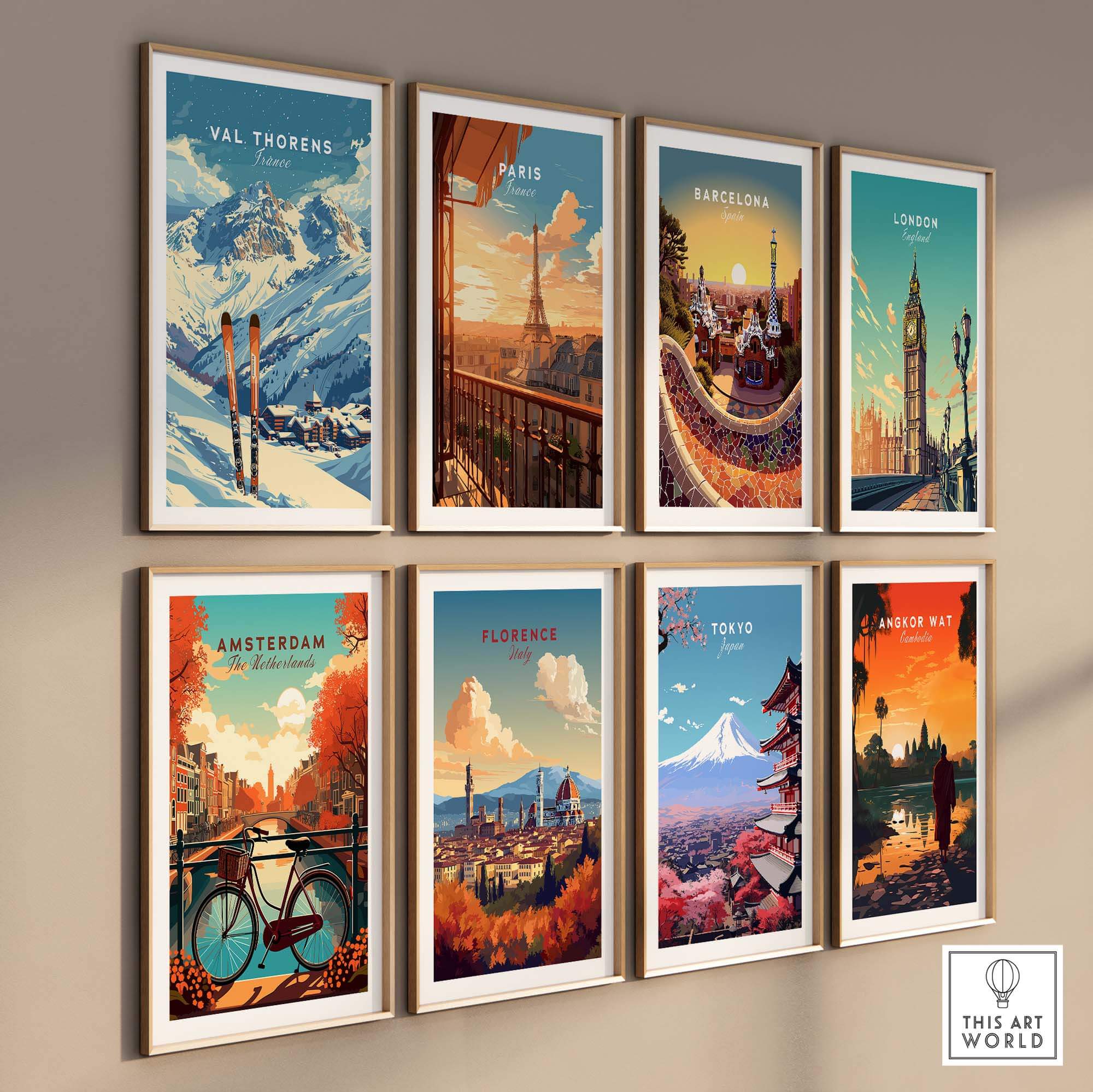 Collection of vibrant travel posters featuring Val Thorens, Paris, Barcelona, London, Amsterdam, Florence, Tokyo, and Angkor Wat.