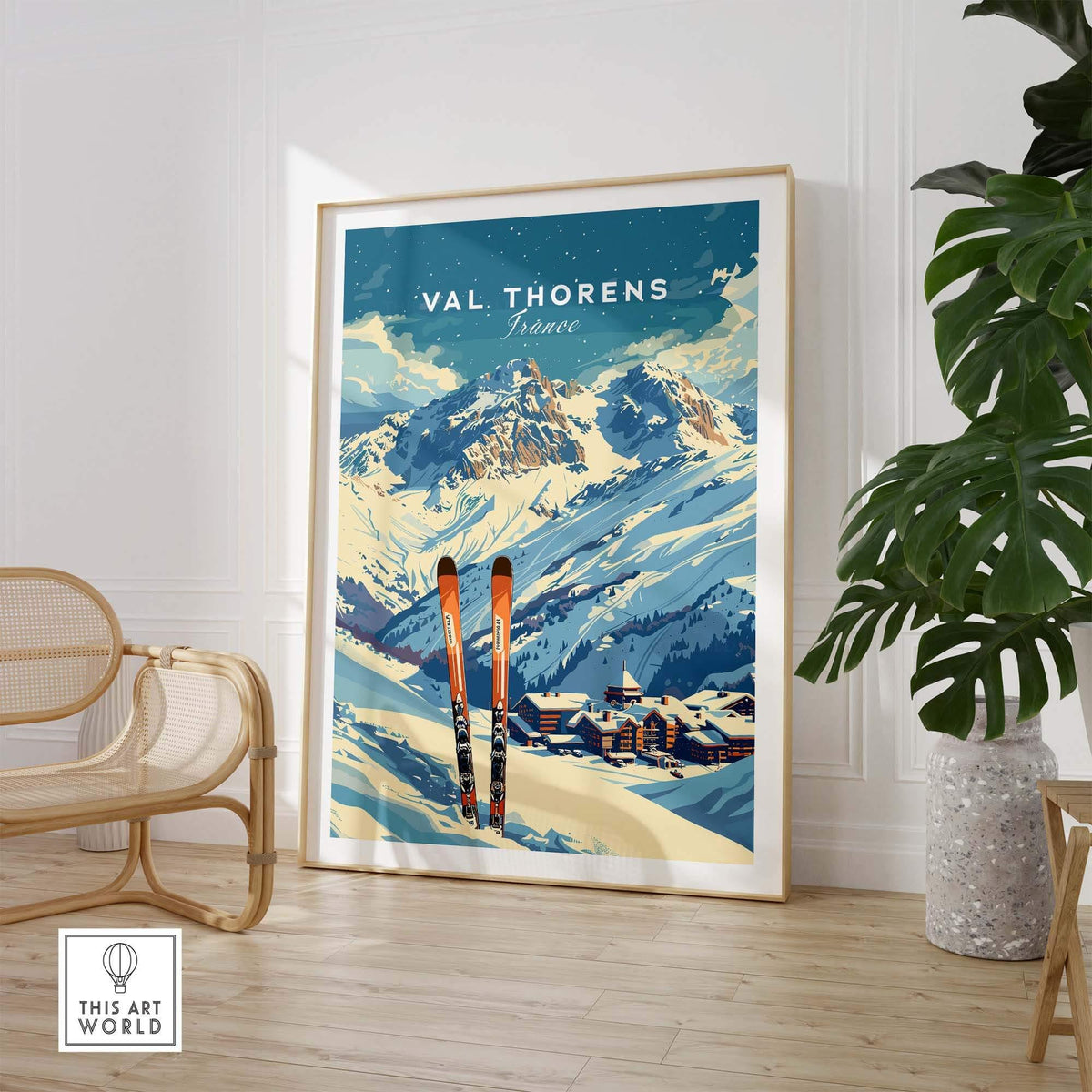 Val Thorens travel poster featuring ski slopes and mountains in France, perfect for ski enthusiasts and travel lovers.