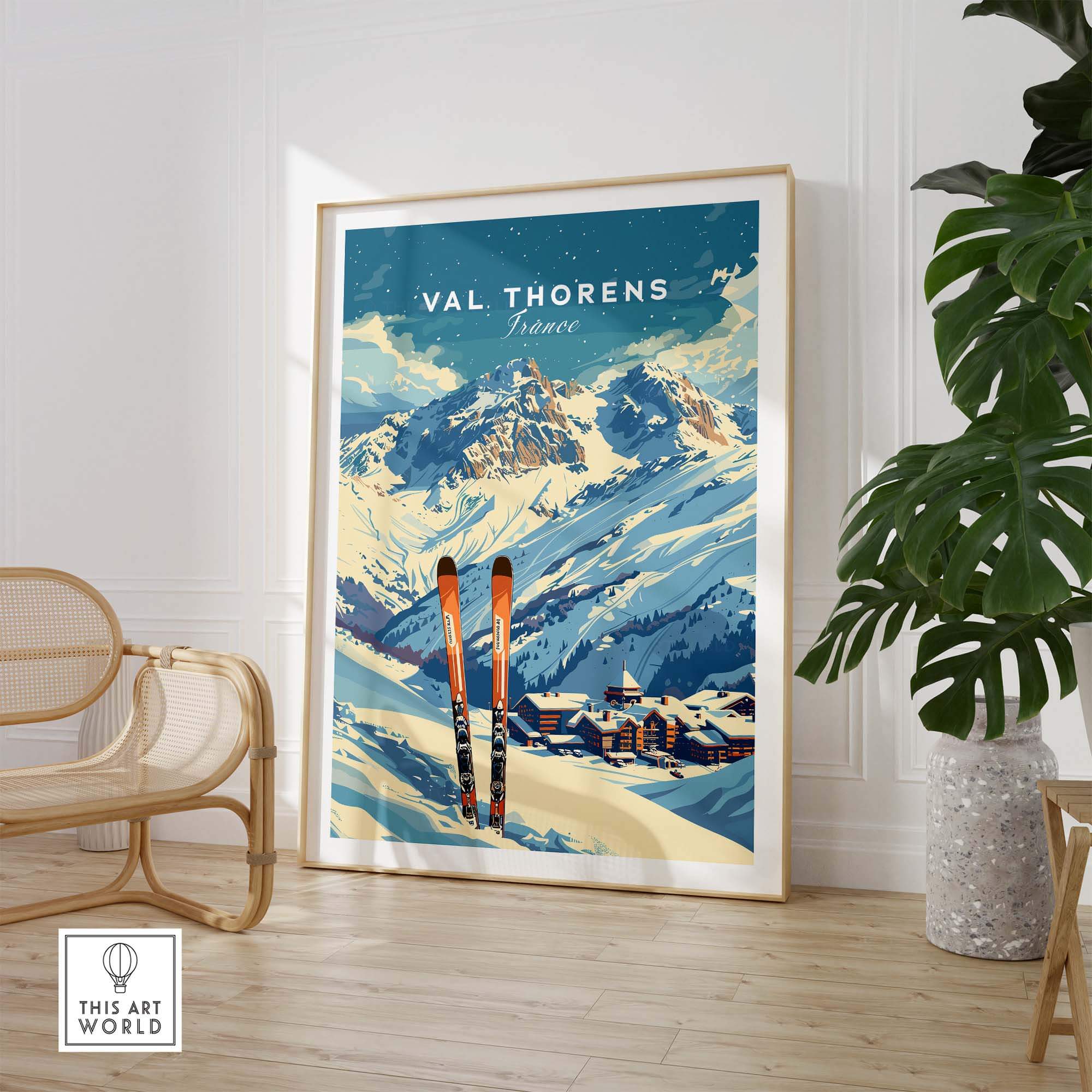 Val Thorens travel poster featuring ski slopes and mountains in France, perfect for ski enthusiasts and travel lovers.