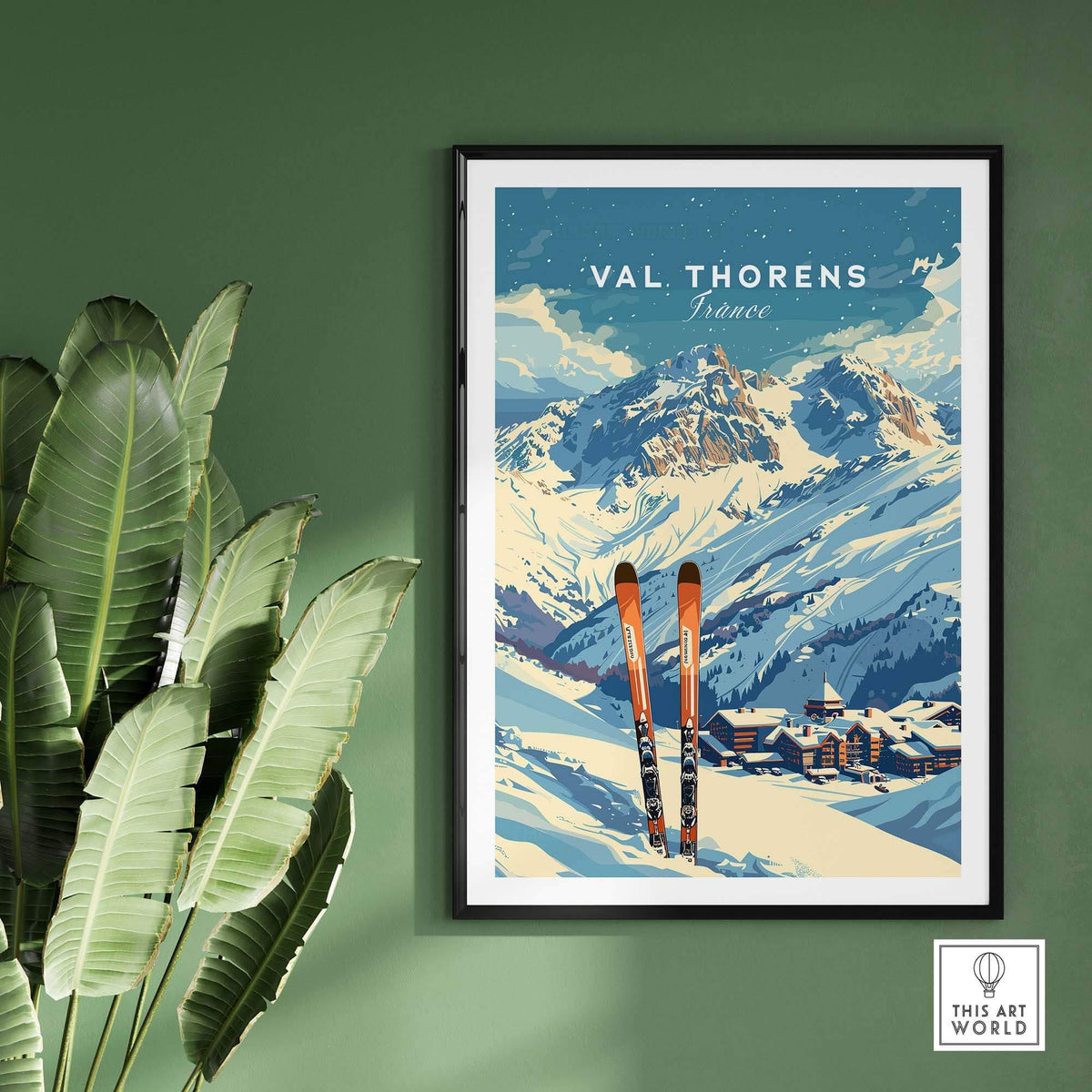Val Thorens travel poster featuring snowy mountains and skis, perfect for ski enthusiasts and travel decor.
