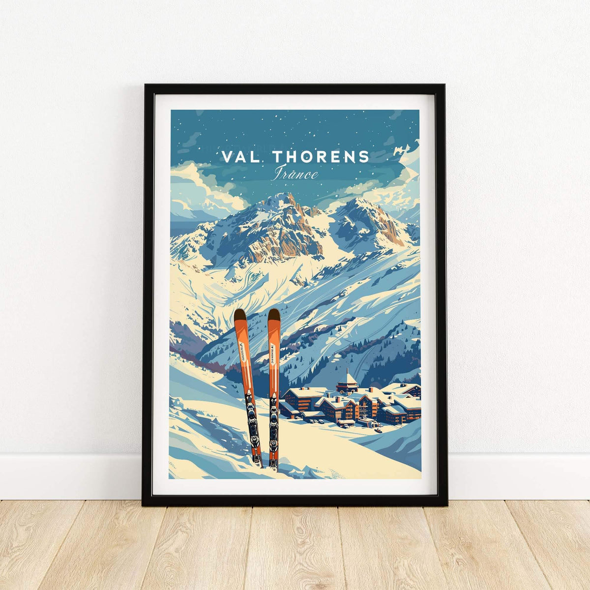 Val Thorens travel poster showcasing snowy mountains and skis, perfect for ski enthusiasts and travel lovers.