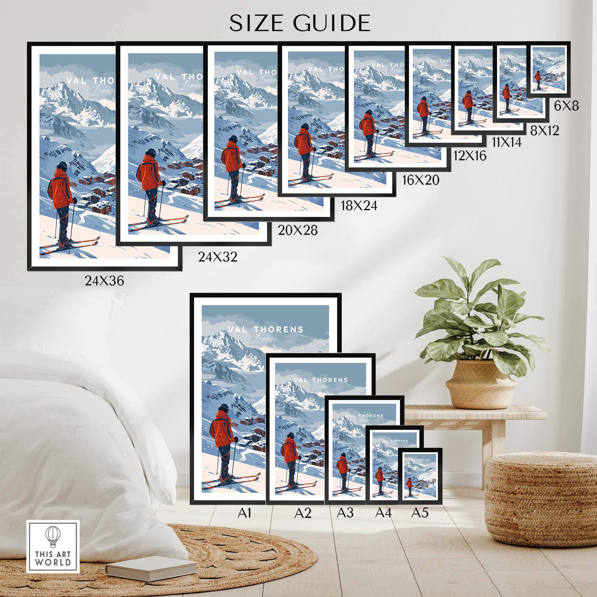 Size guide for Val Thorens Wall Art Print showcasing various dimensions and display options in a stylish home setting.
