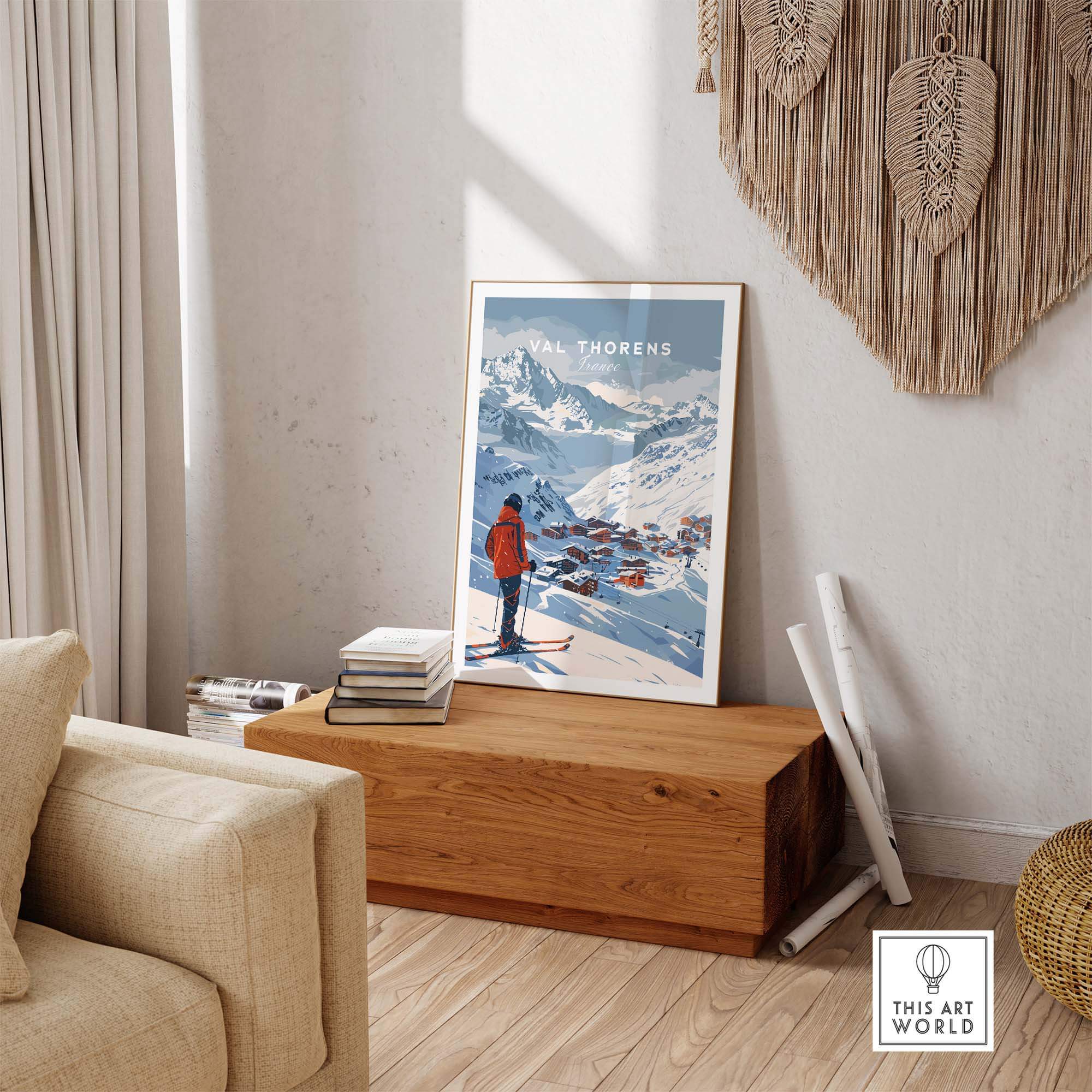 Val Thorens wall art print featured in a cozy interior, showcasing snowy mountains and a skier, perfect for home decor.