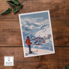 Val Thorens Wall Art Print featuring a skier in a scenic mountain landscape of France. Perfect for home decor and ski lovers.