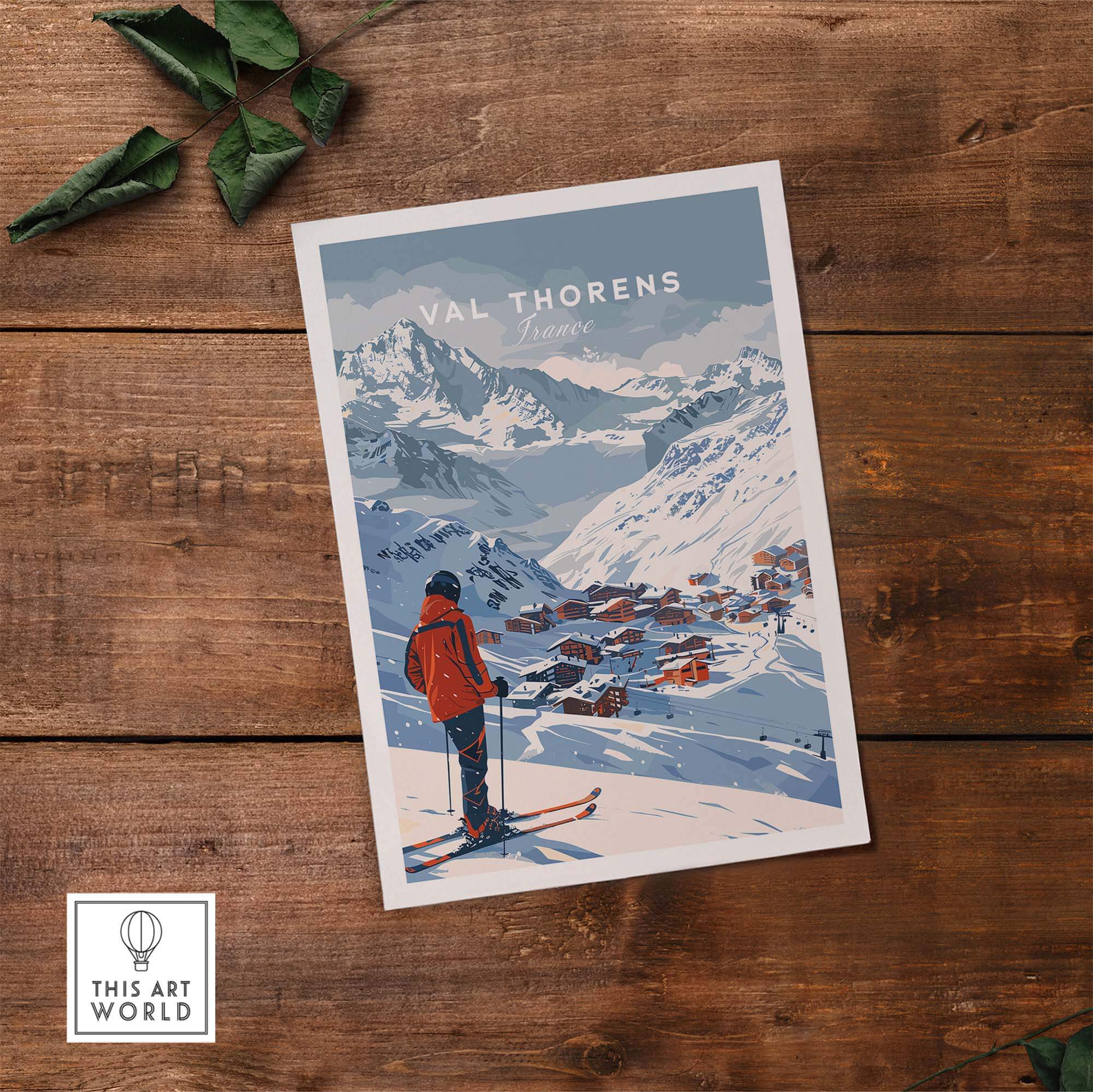 Val Thorens Wall Art Print featuring a skier in a scenic mountain landscape of France. Perfect for home decor and ski lovers.