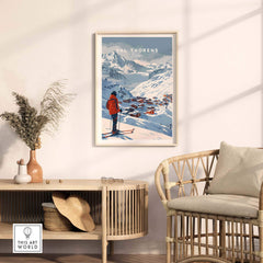Val Thorens Wall Art Print displayed in a stylish room, featuring a skier and snowy mountains, perfect for home decor.