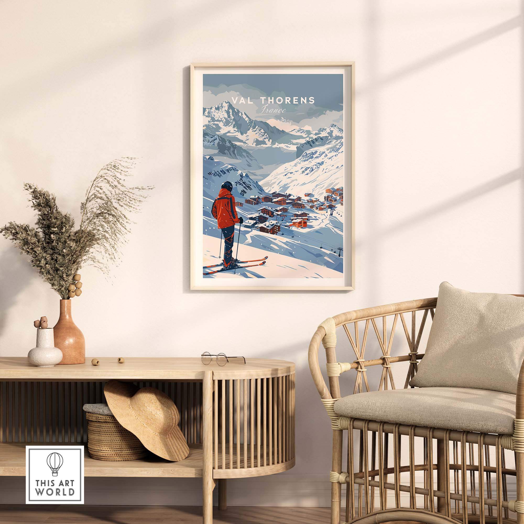 Val Thorens Wall Art Print displayed in a stylish room, featuring a skier and snowy mountains, perfect for home decor.